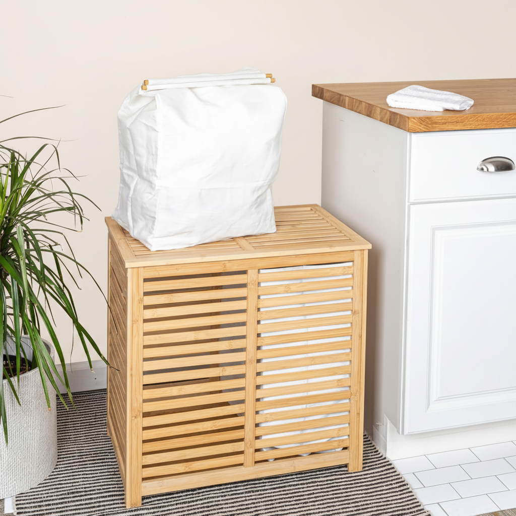 LIND Bamboo Double Laundry Sorter, cotton bag detail