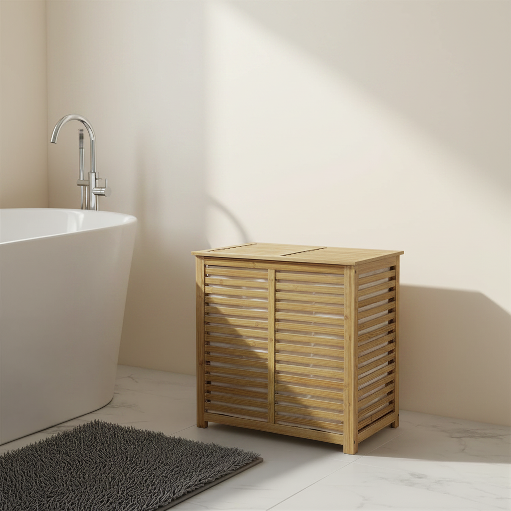 LIND bamboo double laundry sorter with lid and removable cotton bags