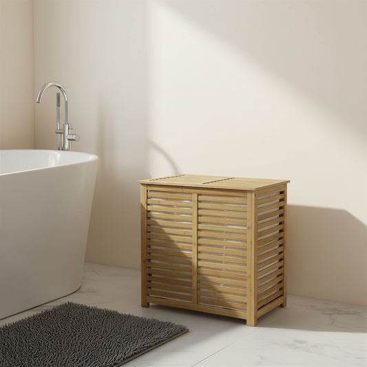 LIND bamboo double laundry sorter with lid and removable cotton bags