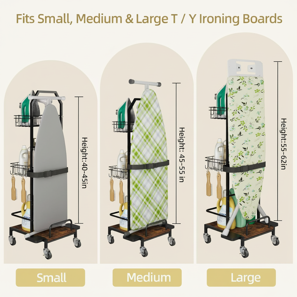 LIND Rolling Ironing Board Holder Cart, shelf and hooks detail
