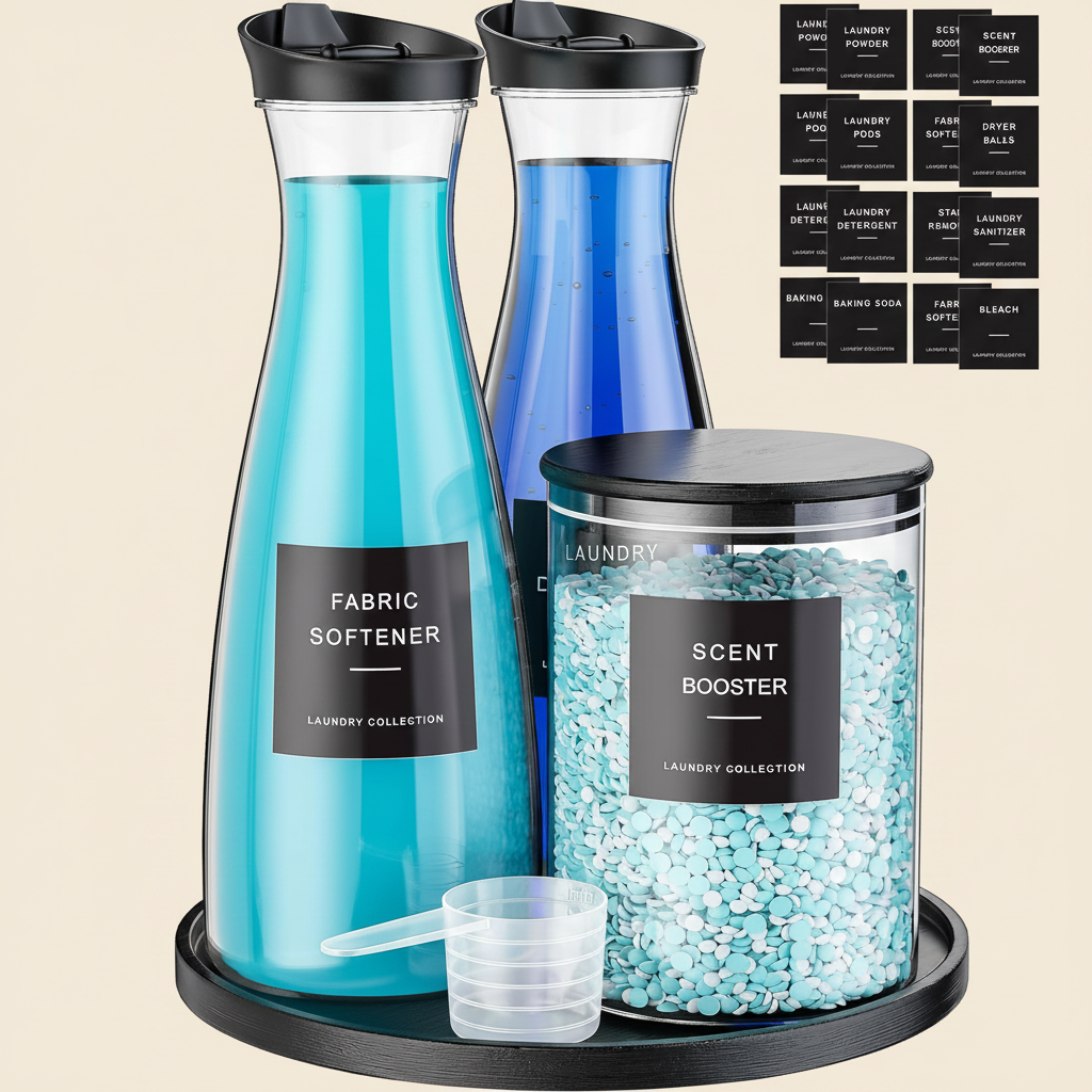 LIND Detergent Dispenser & Pod Jar Set, styled on a shelf