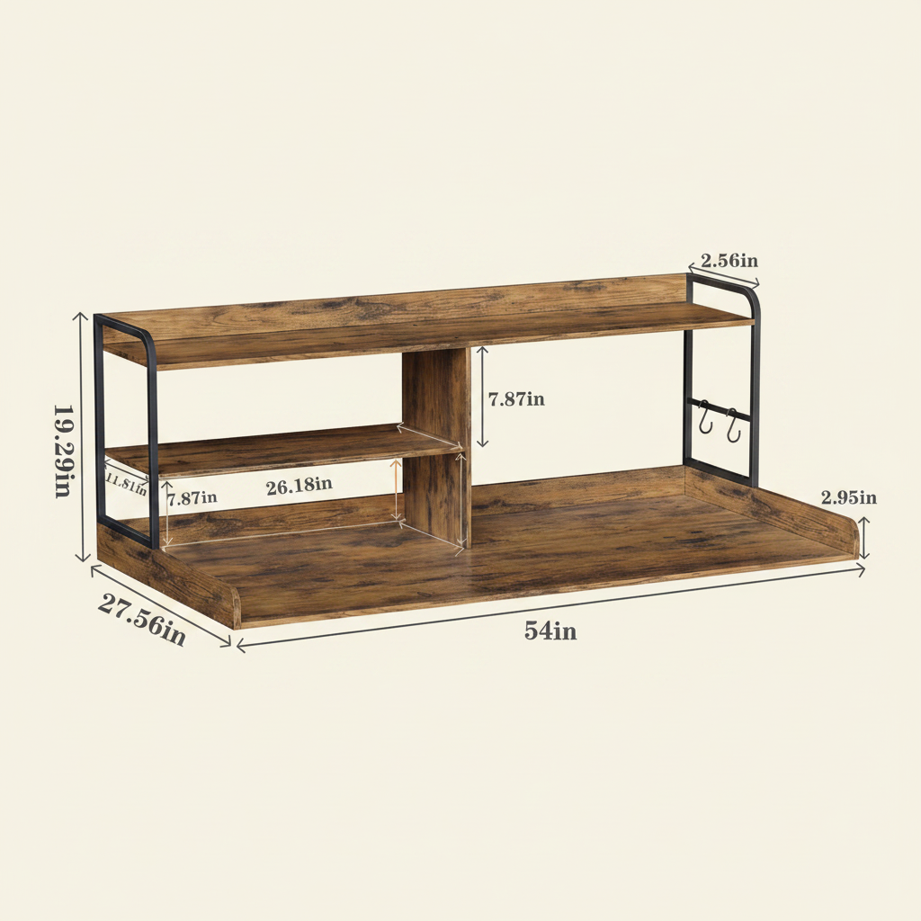 LIND Washer & Dryer Countertop with shelves, 54 inch, rustic finish, dimensions