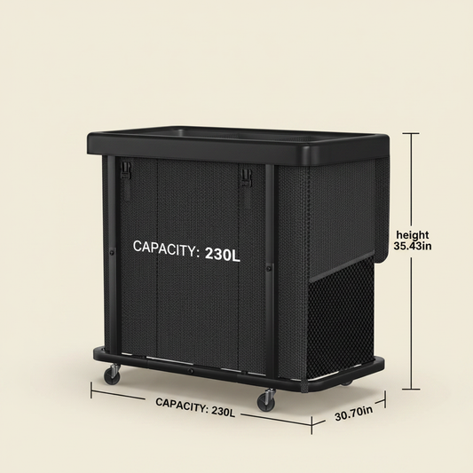 LIND Rolling 3-Section Laundry Hamper, 230L, dimensions
