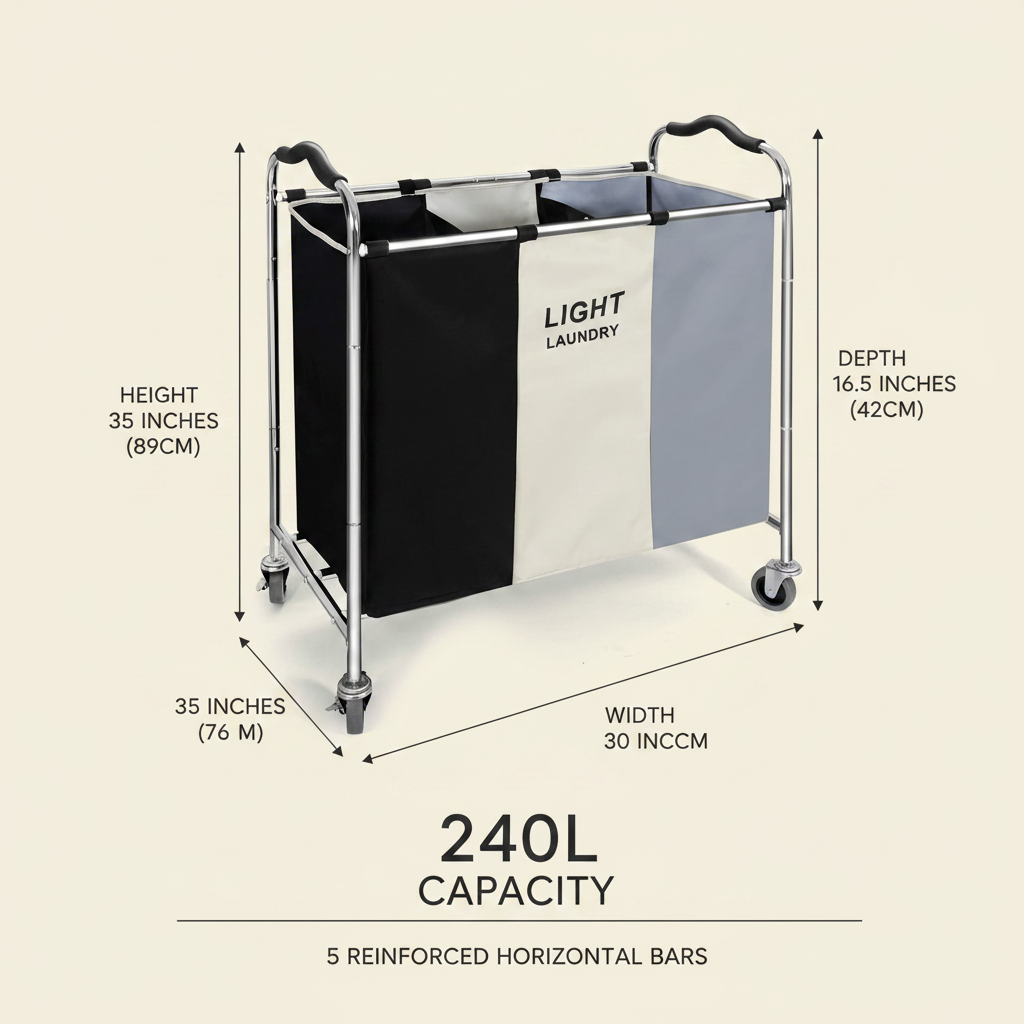 LIND Large 3-Section Rolling Laundry Sorter, dimensions