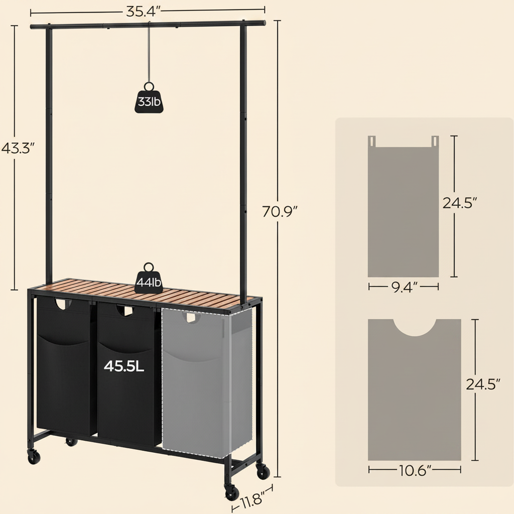 LIND 3-Section Rolling Laundry Sorter with rail, dimensions