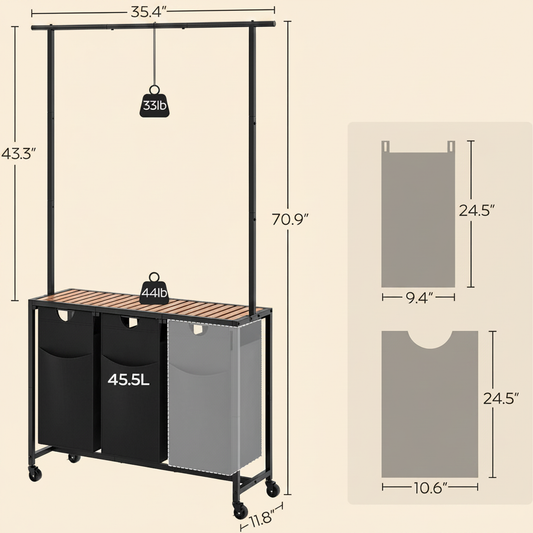 LIND 3-Section Rolling Laundry Sorter with rail, dimensions