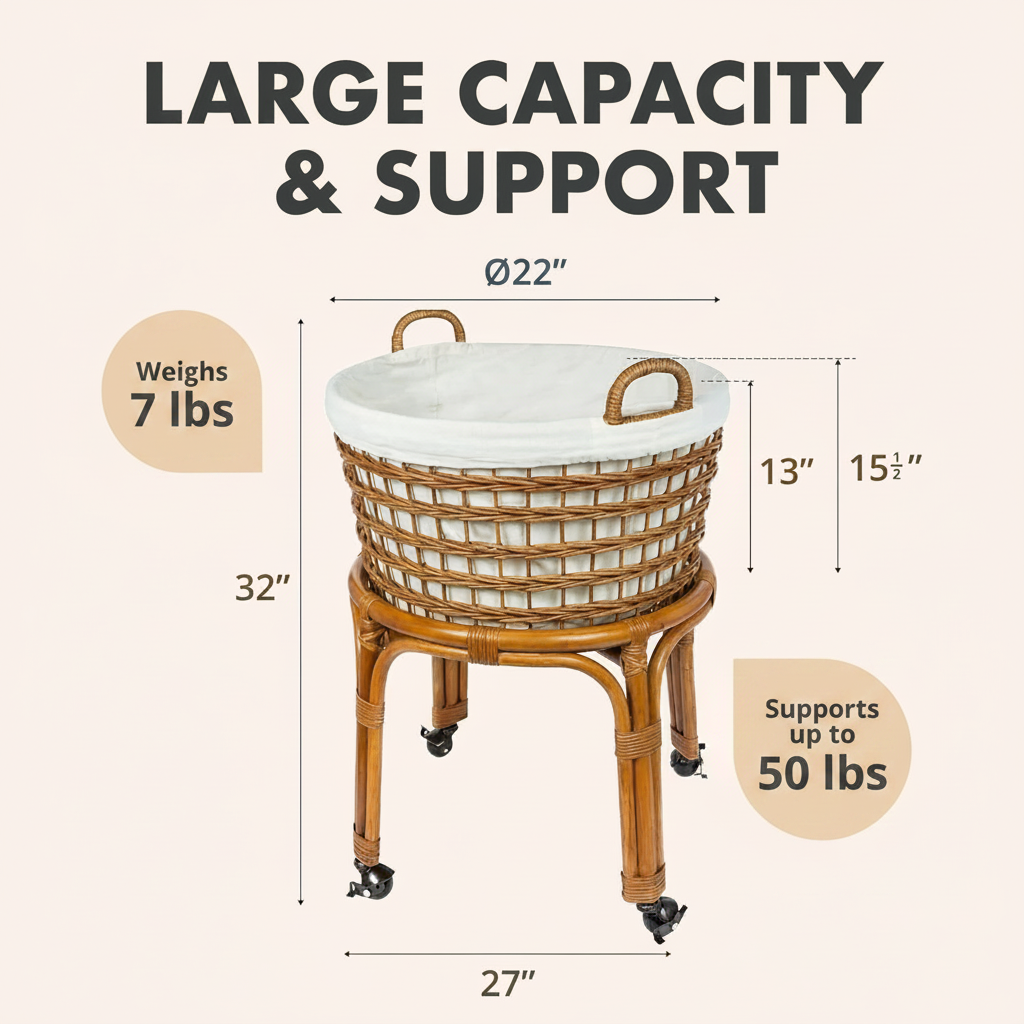 LIND Rolling Rattan Laundry Hamper, dimensions