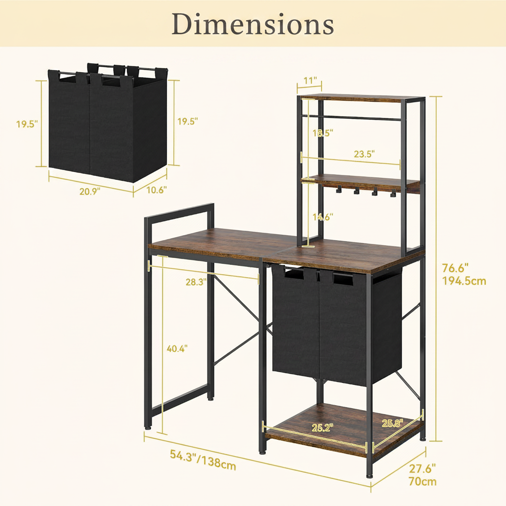 LIND Over-the-Washer Shelf with pull-out hamper, dimensions