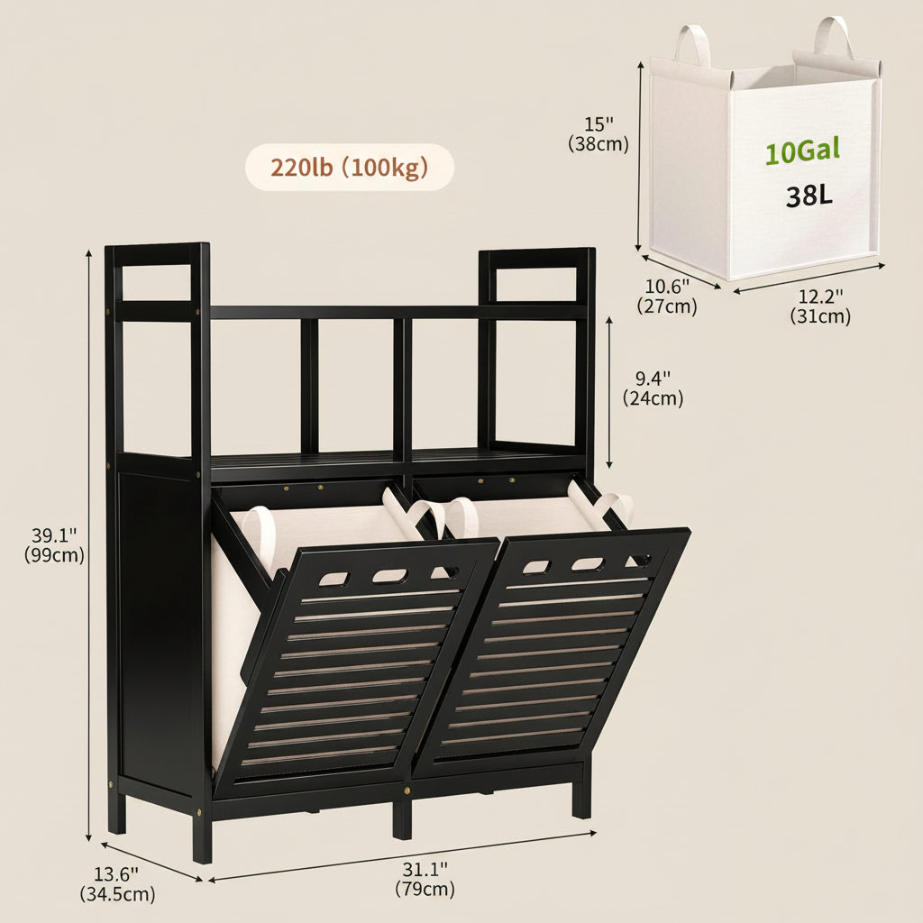 LIND Tilt-Out Bamboo Hamper Cabinet, double, dimensions