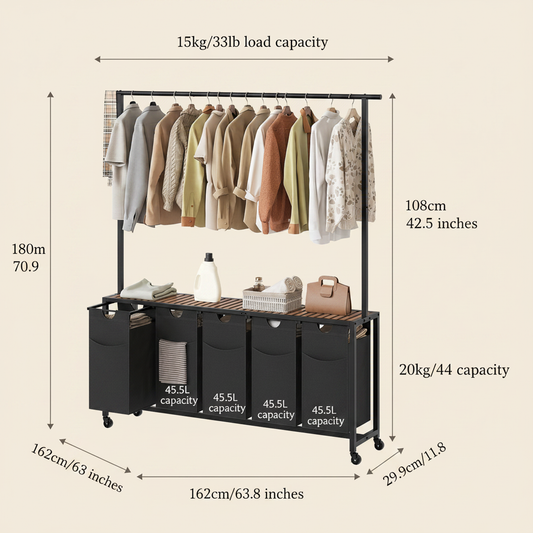 LIND 5-Section Laundry Sorter, dimensions
