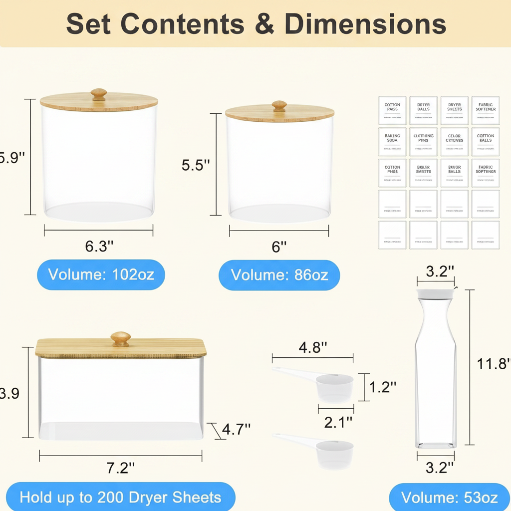 LIND Laundry Storage Jar & Dispenser Set, dimensions