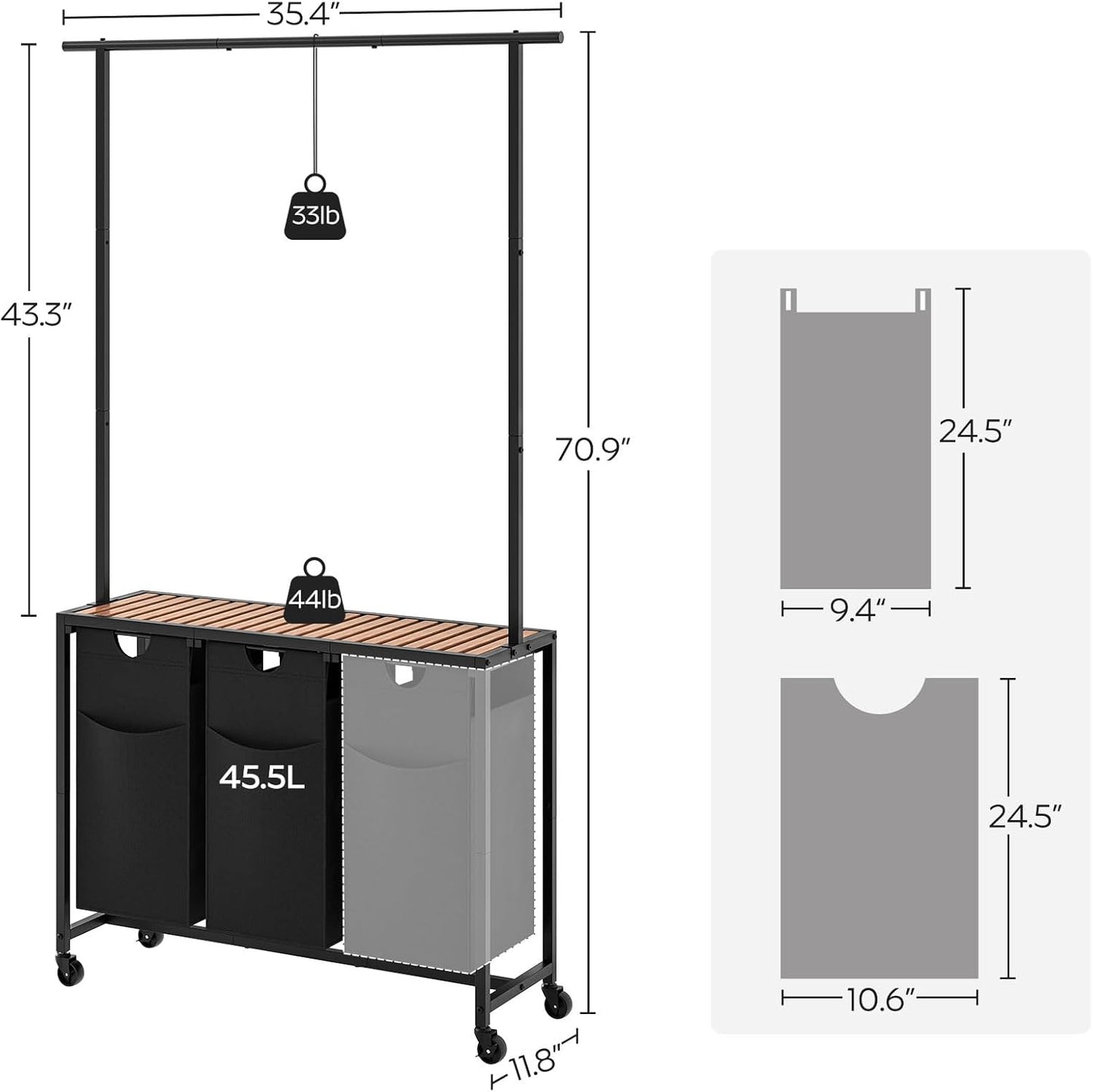 Laundry Sorter 3 Section, Rolling Laundry Hamper with Hanging Rack, Laundry Sorter with Wheels, Hampers for Laundry, Laundry Basket Organizer for Laundry Room, Rustic Brown LS37BR