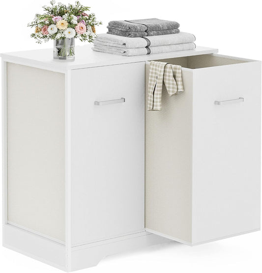 Double Pull-Out Laundry Hamper Cabinet; 120L Laundry Basket for Bathroom,Laundry Room; Laundry Sorter with 2 Pull-Out and Removable Bags