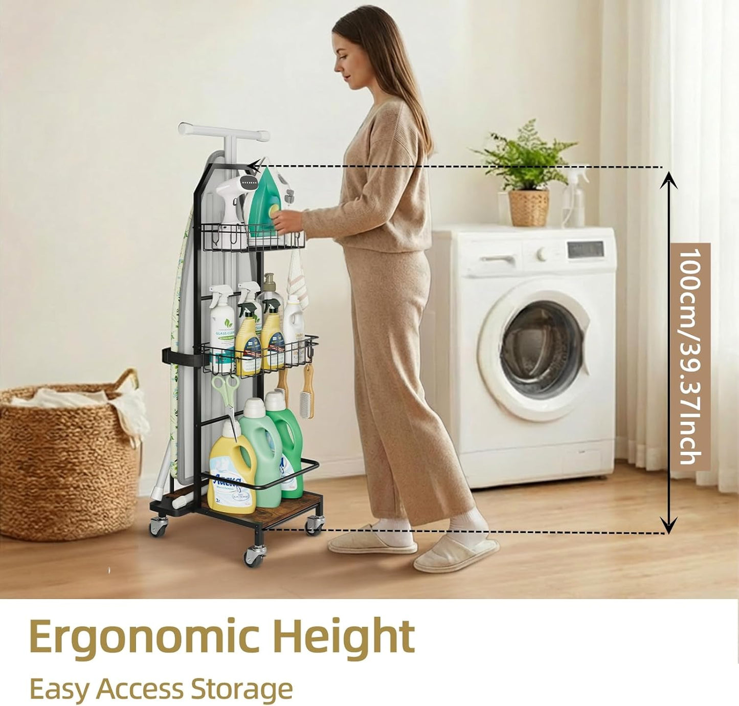 Ironing Board Holder Cart for Small & Narrow Laundry Rooms, Freestanding Iron & Ironing Board Storage Rack for T & X Boards with 3-Tier Shelves, Rolling Metal Wheels, Hooks, No Wall Mount
