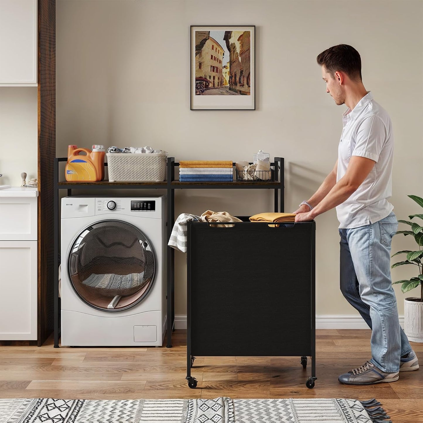 over Washer and Dryer Shelves, Standing Shelf with Wheels 68.7 Gal Rolling Laundry Hamper with Shelf/Hooks, over Washer Storage Portable Laundry Cart Bathroom Organization, 55" H X 47.20" W