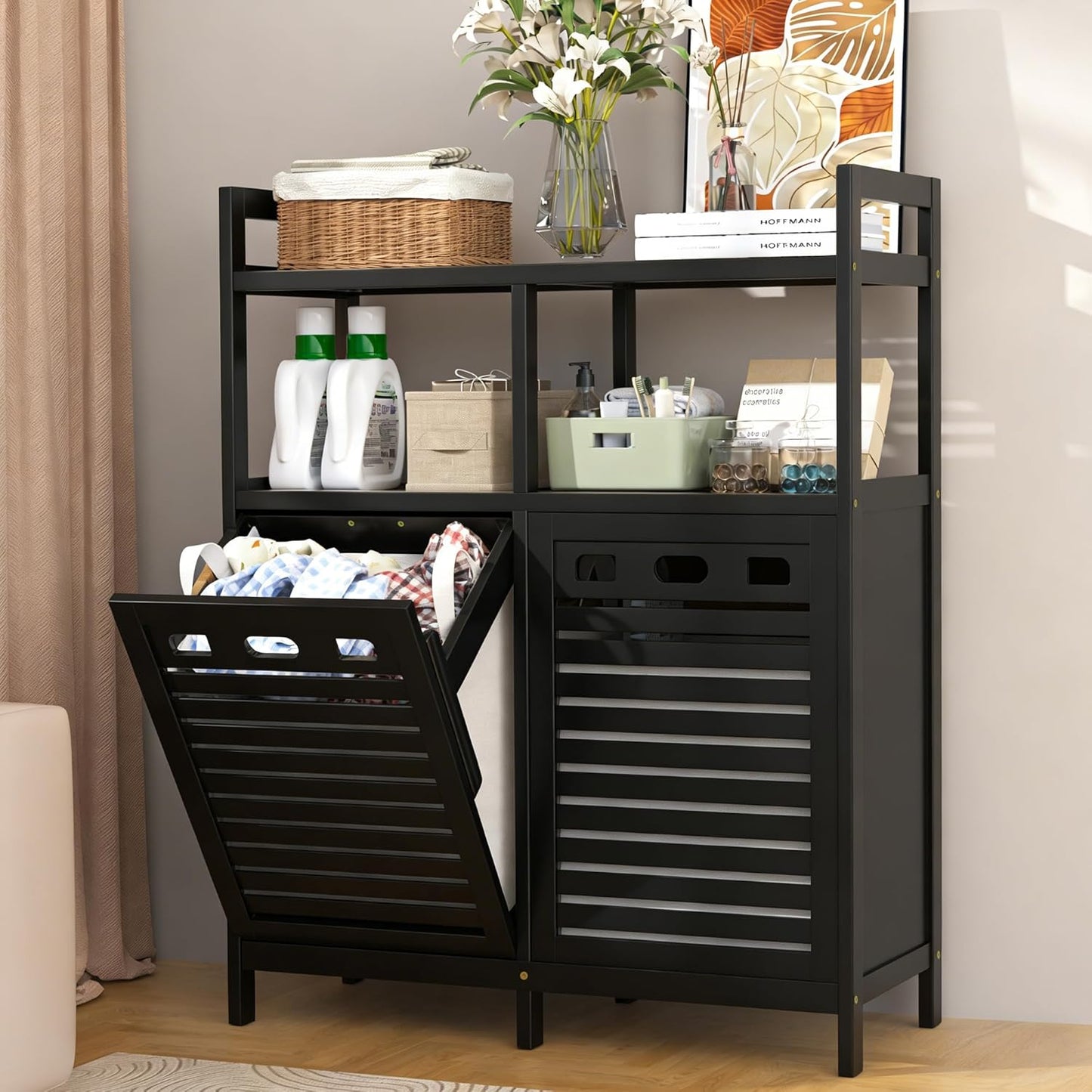 Tilt Out Laundry Hamper Cabinet, Bamboo Double Laundry Hamper with 2 Removable Laundry Baskets, 20 Gal Laundry Sorter Organizer with Shelf for Dirty Clothes, Bathroom, Laundry Room, Natural