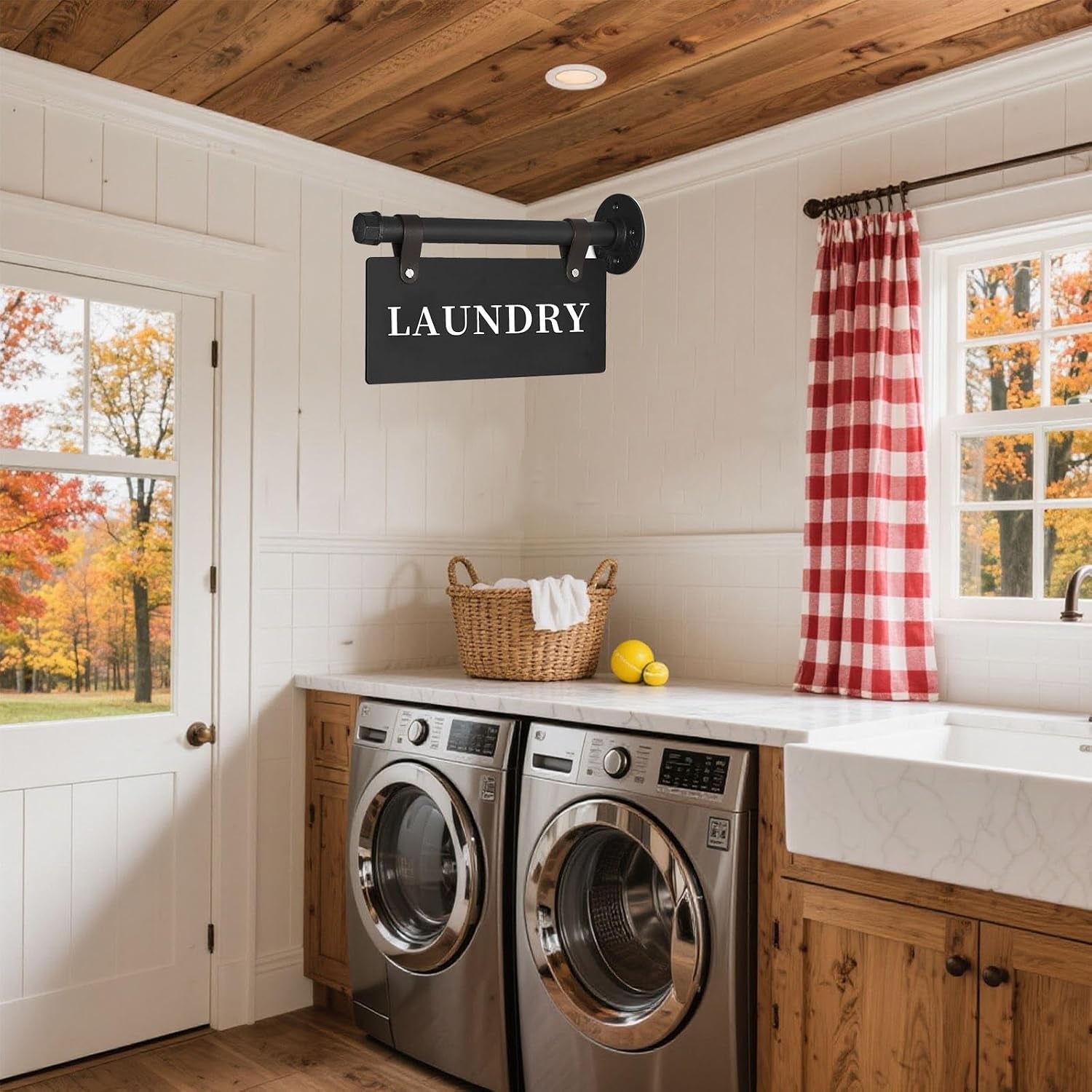 Laundry Metal Door Sign 11" X 6" Wall-Mounted Hanging Laundry Sign for Laundry Room Double-Sided Laundry Room Wall Art Decor with Bracket Modern Laundry Sign for House, Apartment, Hotel(Laundry - BLACK)