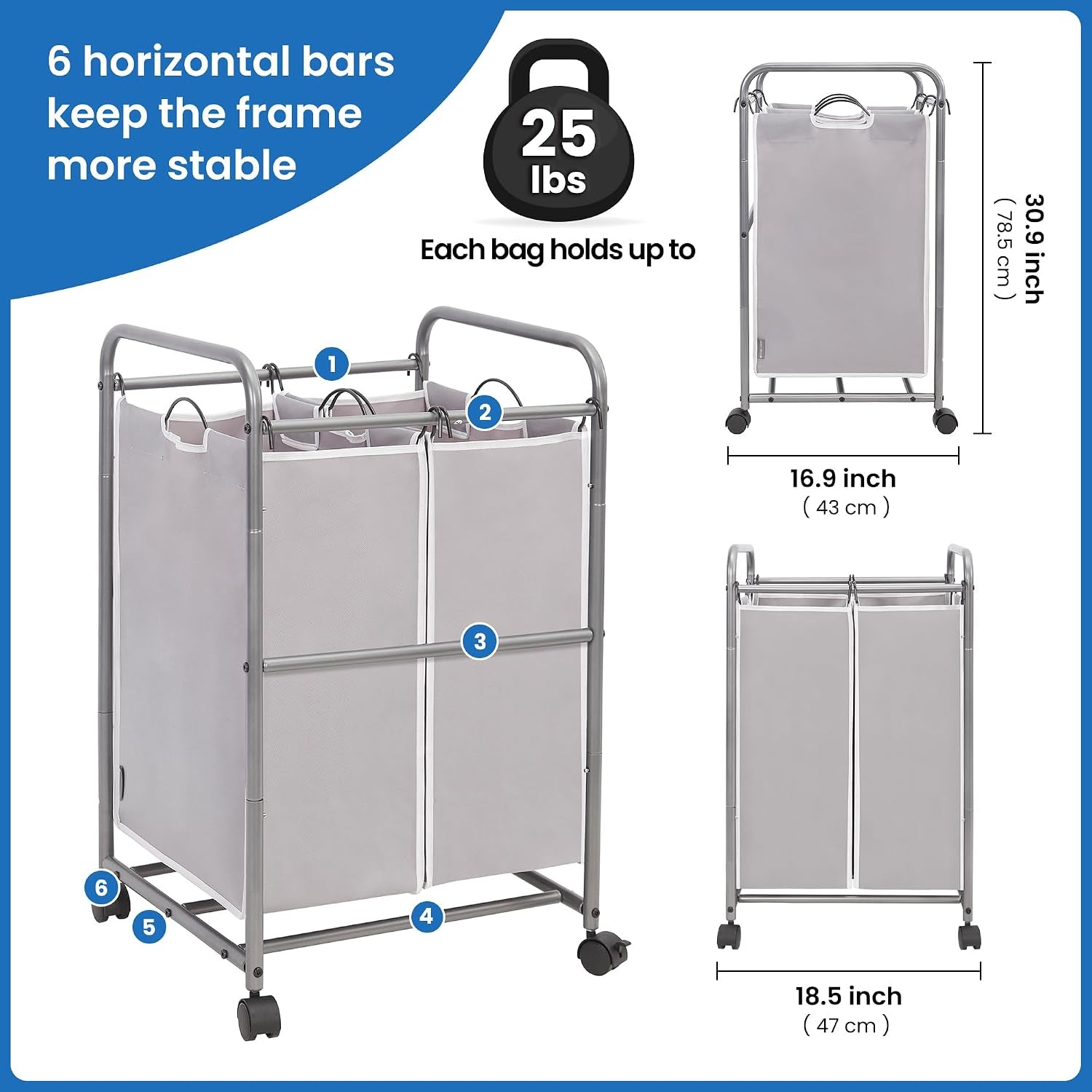 Laundry Sorter 3 Section plus 2 Section, Laundry Hamper with Rolling Wheels, Laundry Basket Sorter, Laundry Separator Hamper, Laundry Divider Hamper with Removable Bags