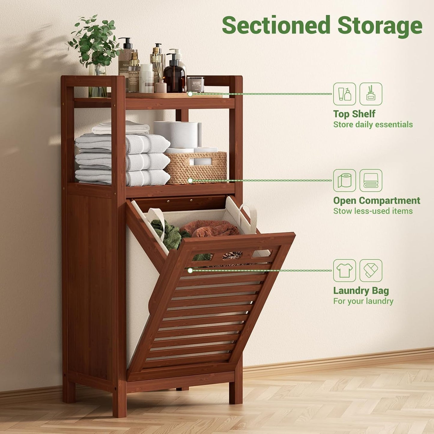 Tilt Out Laundry Hamper, 10 Gal Bamboo Laundry Storage Cabinet with Removable Basket, Hidden Hamper Organizer with Shelf for Dirty Clothes, Bathroom, Laundry Room, Space Saving, Walnut