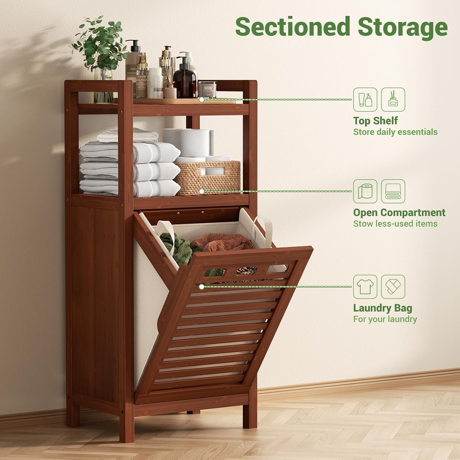 Tilt Out Laundry Hamper, 10 Gal Bamboo Laundry Storage Cabinet with Removable Basket, Hidden Hamper Organizer with Shelf for Dirty Clothes, Bathroom, Laundry Room, Space Saving, Walnut