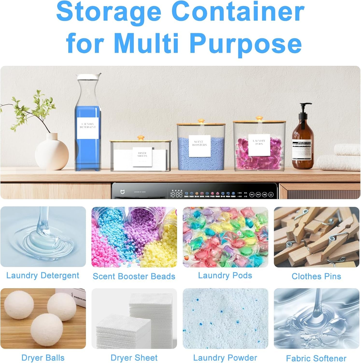 3+1 Pack Laundry Pods Containers & Dryer Sheet Holder & Laundry Detergent Dispenser, Laundry Room Organization and Storage Jars with Lids, Labels and Scoops for Scent Booster, Powder, Pods