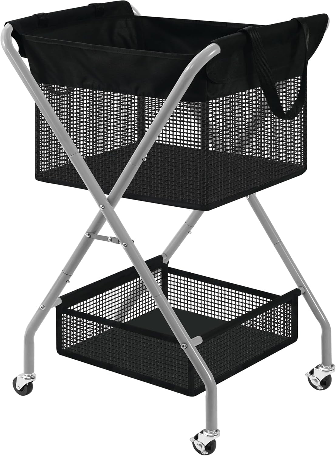 2-Tier Foldable Laundry Cart with Wheels, 75L Tall Rolling Laundry Hamper, Collapsible Laundry Basket with Removable Bag, Rust-Resistant Steel Frame for Laundry Room, Bathroom, Dorm, Black