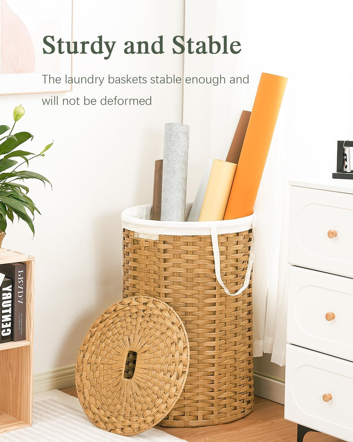 Large Laundry Hamper Laundry Basket round 34.3 Gal (130 L) Handwoven Wicker Laundry Baskets Rattan Laundry Basket with Laundry Bag Handles 2 Mesh Bags for Living Room Bedroom Natural