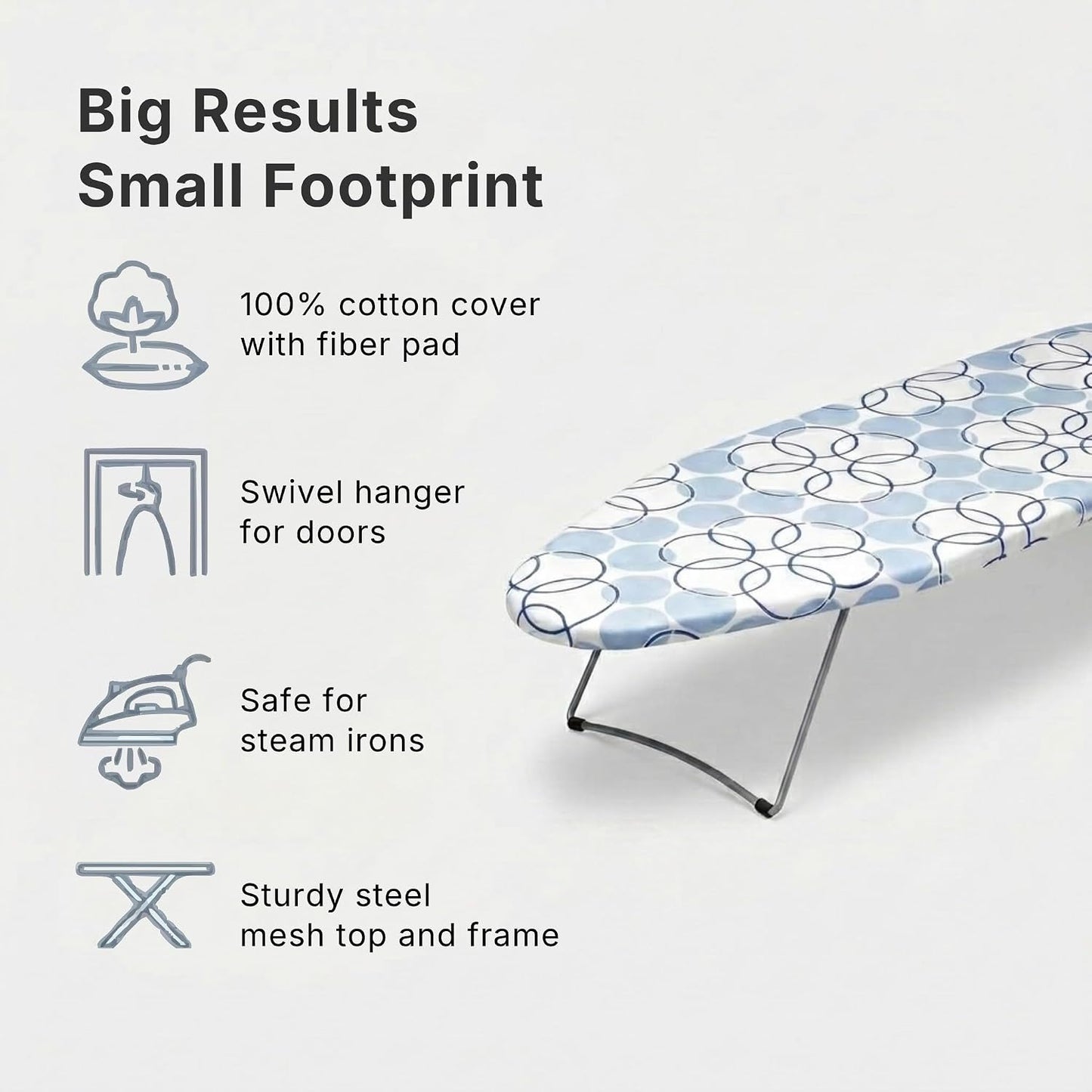 122101 Small Tabletop Ironing Board with Folding Legs - Magic Rings Cover and Pad,Blue Rings