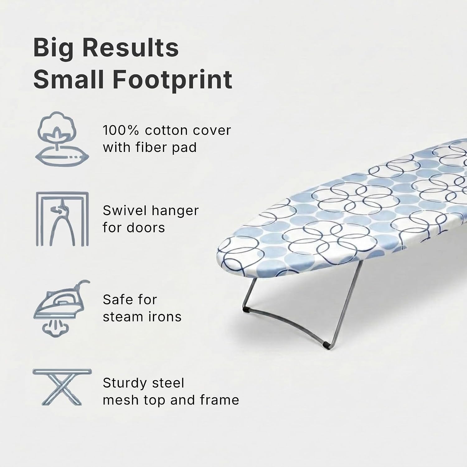 122101 Small Tabletop Ironing Board with Folding Legs - Magic Rings Cover and Pad,Blue Rings