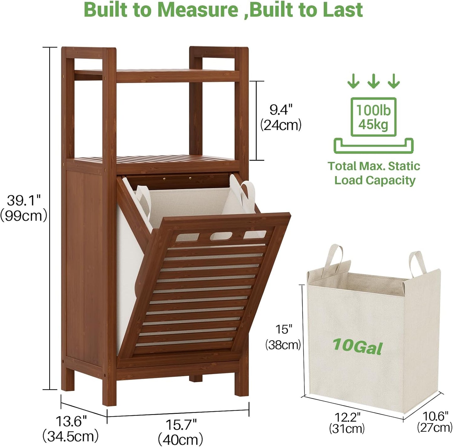 Tilt Out Laundry Hamper, 10 Gal Bamboo Laundry Storage Cabinet with Removable Basket, Hidden Hamper Organizer with Shelf for Dirty Clothes, Bathroom, Laundry Room, Space Saving, Walnut