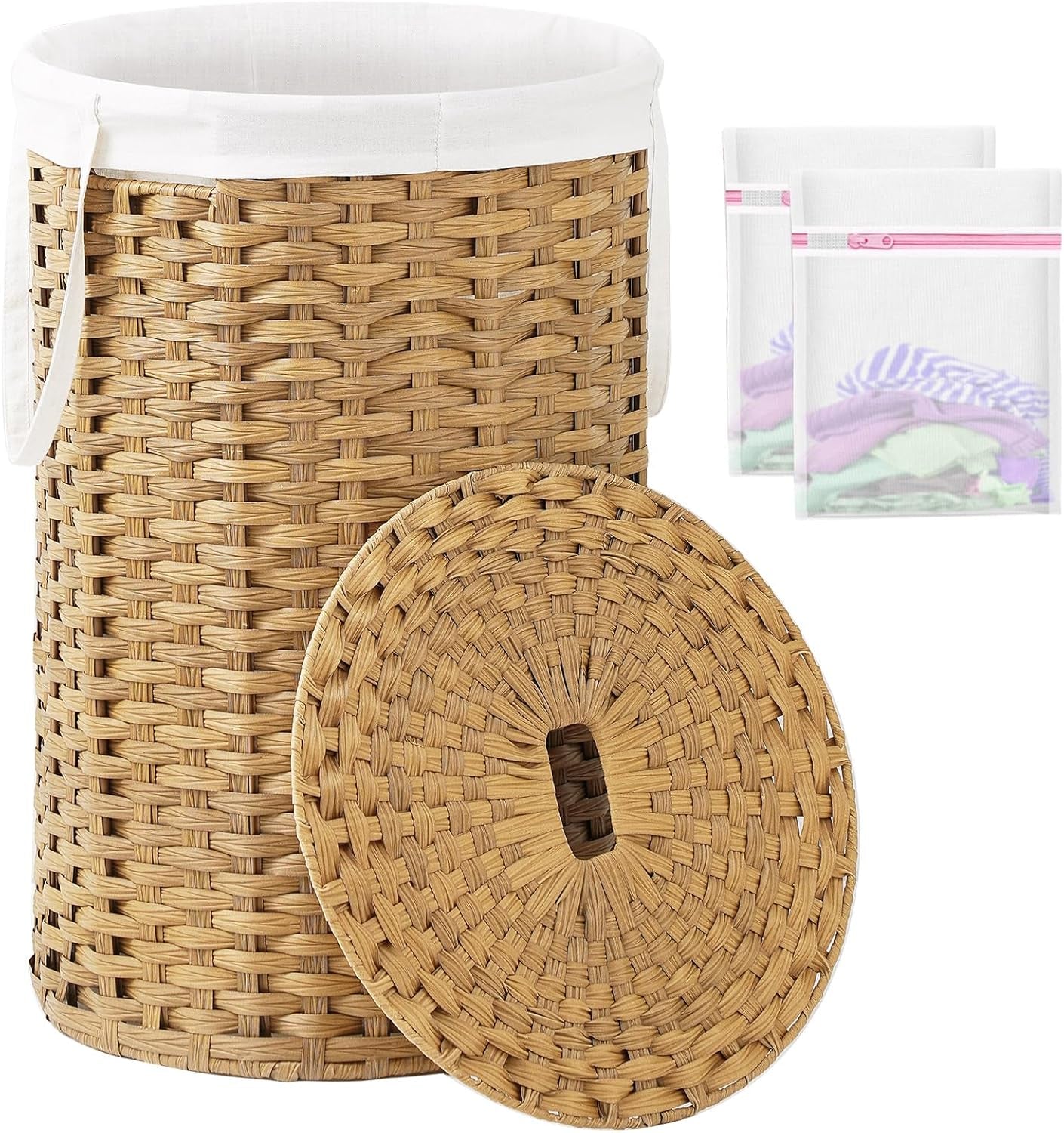 Large Laundry Hamper Laundry Basket round 34.3 Gal (130 L) Handwoven Wicker Laundry Baskets Rattan Laundry Basket with Laundry Bag Handles 2 Mesh Bags for Living Room Bedroom Natural