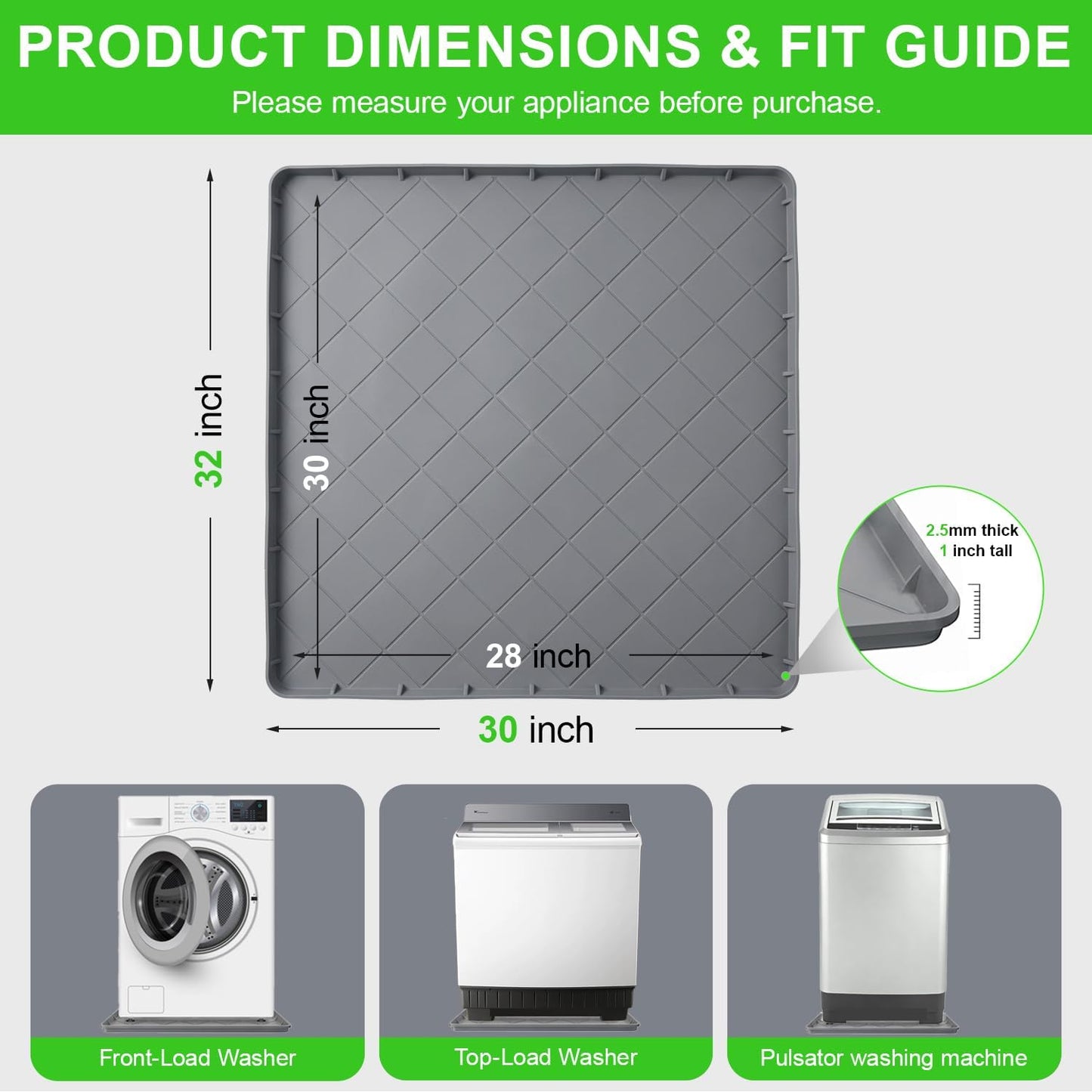 Washing Machine Pan, Drain Pan & Drip Pan, 30"X32" Thickened Silicone Mat with 1" Raised Edge, Non-Slip & Waterproof, Foldable Anti-Vibration Floor Protector for Laundry & Dryer - Grey - BLOFK