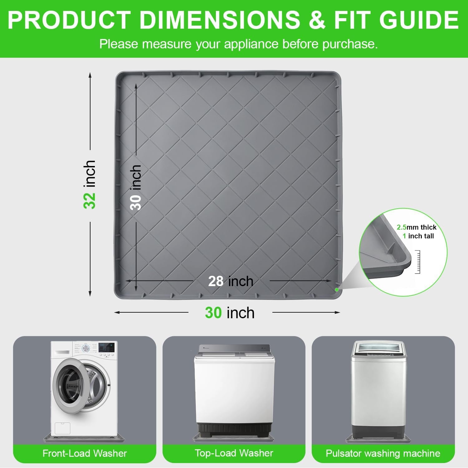 Washing Machine Pan, Drain Pan & Drip Pan, 30"X32" Thickened Silicone Mat with 1" Raised Edge, Non-Slip & Waterproof, Foldable Anti-Vibration Floor Protector for Laundry & Dryer - Grey - BLOFK