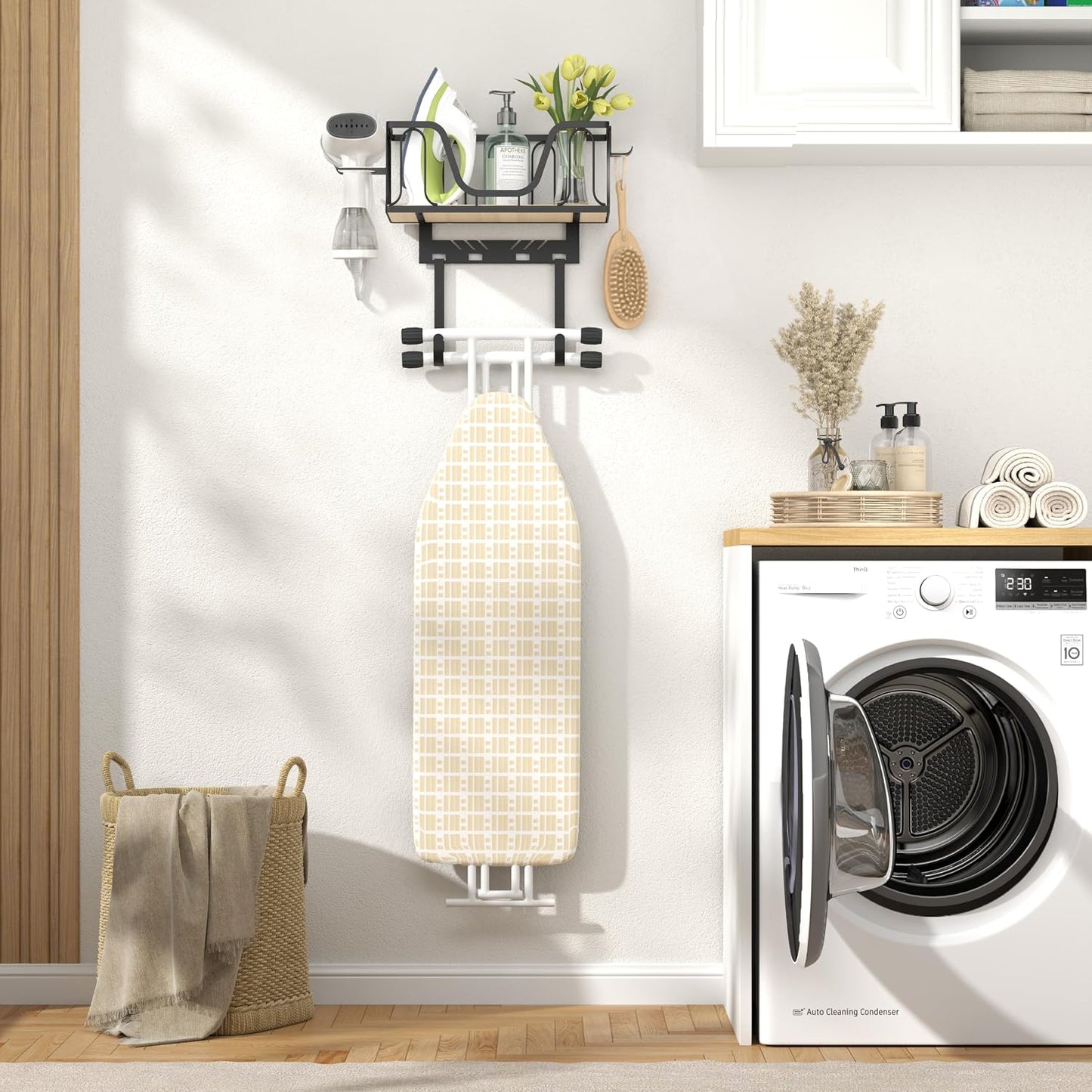 Ironing Board Hanger, 2 in 1 Wall-Mount & over the Door with High-Sided Basket and Side Hooks, Fits T and Y Shaped Legs, Space Saving Iron Holder for Laundry, Sewing Room Decor and Accessories,Black