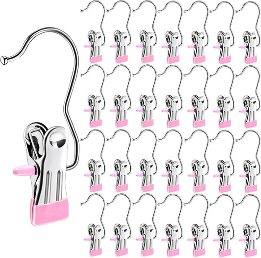 30 Pack Boot Hangers for Closet, Pink Laundry Hooks with Clips, 360° Swivel Stainless Steel Boot Hanger Clips, Portable Hangers Single Clip, Space Saving Boots Clip for Hanging Shirts Pants