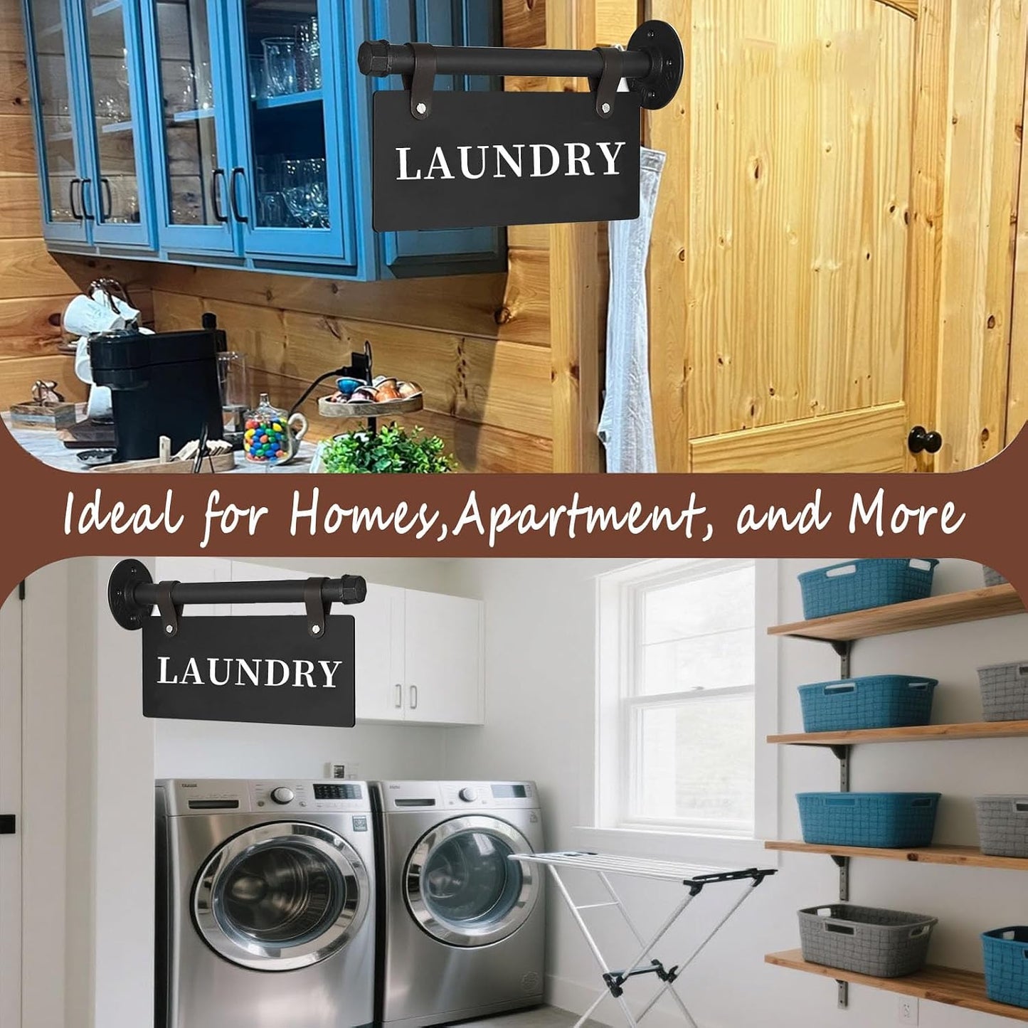 Laundry Metal Door Sign 11" X 6" Wall-Mounted Hanging Laundry Sign for Laundry Room Double-Sided Laundry Room Wall Art Decor with Bracket Modern Laundry Sign for House, Apartment, Hotel(Laundry - BLACK)