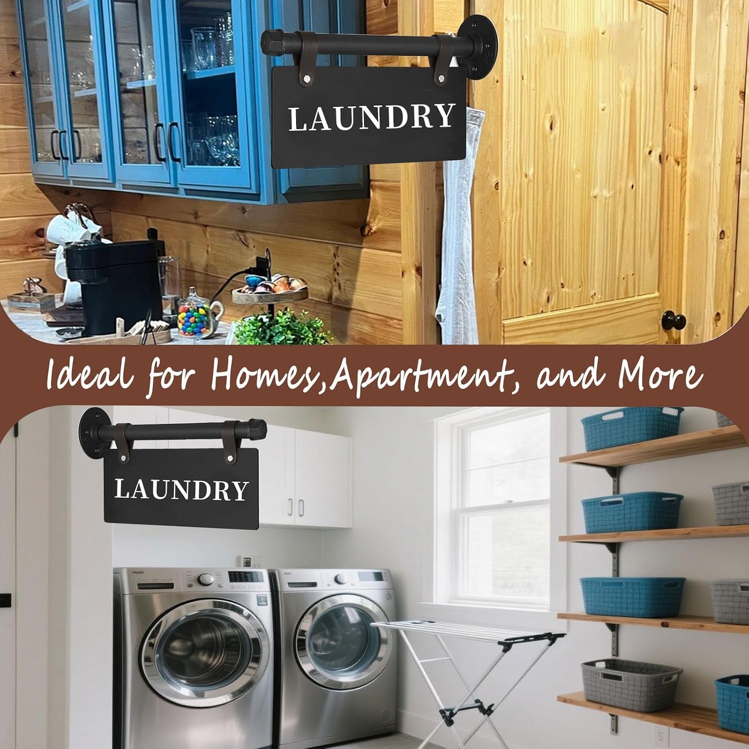 Laundry Metal Door Sign 11" X 6" Wall-Mounted Hanging Laundry Sign for Laundry Room Double-Sided Laundry Room Wall Art Decor with Bracket Modern Laundry Sign for House, Apartment, Hotel(Laundry - BLACK)