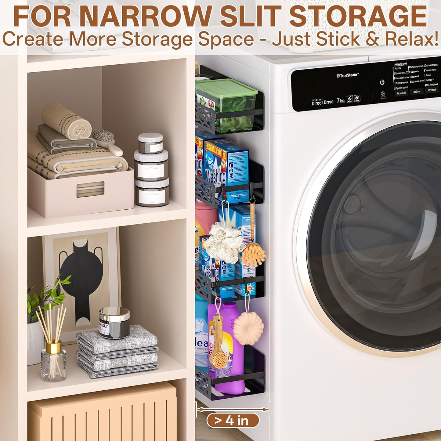 Magnetic Washing Machine Side Storage Rack Shelves 4-Pack, Heavy Duty Metal Narrow Shelf with Hooks, Slim Laundry Room Organizer for Washer Dryer Gap, Space Saving Magnetic Storage for Laundry Kitchen
