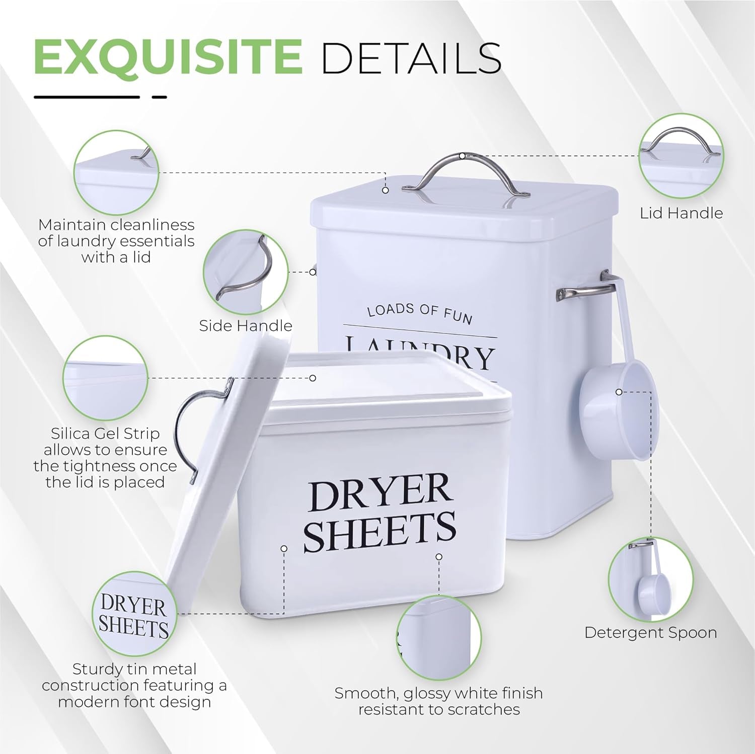 Metal Laundry Detergent Container Set for Powder, Pods and Dryer Sheets, 2 Galvanized Canisters with Scoop, Airtight Silicone Gasket Lids, 10 Lb Capacity, White