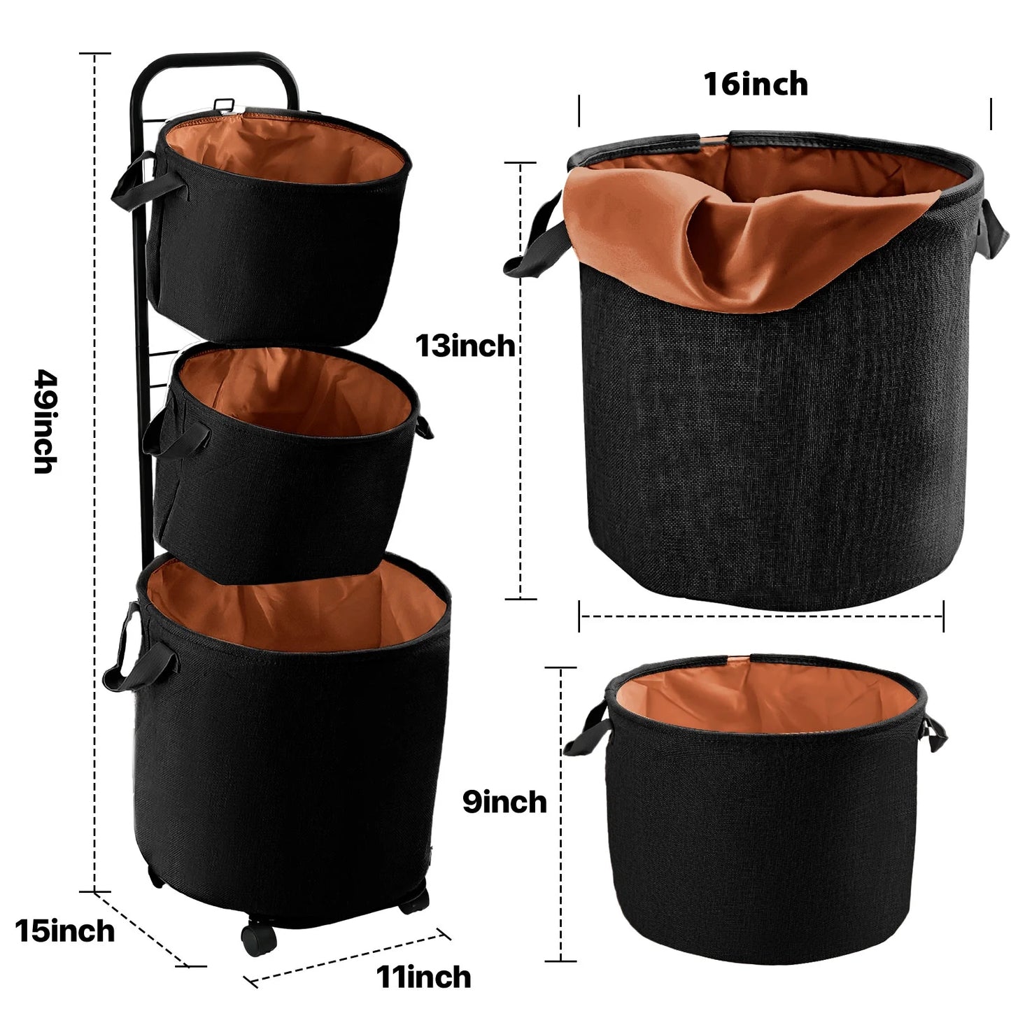 3-Tier Laundry Hamper Sorter, Laundry Storage Organizer with Wheels Movable Rolling Laundry Baskets Cart, Bathroom Cart Clothes Shelf,Laundry Butler for Bathroom Bedroom Laundry Room, Black