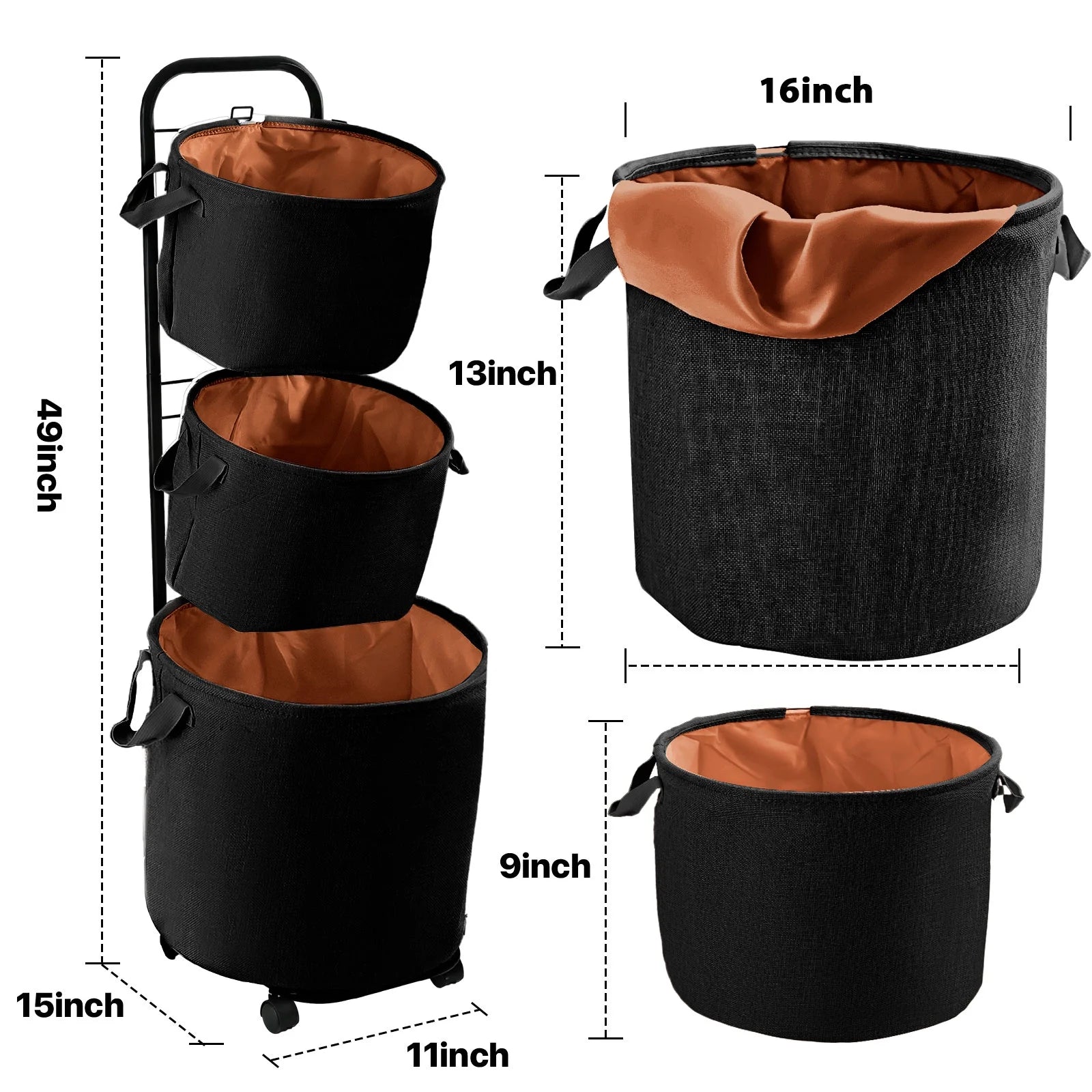3-Tier Laundry Hamper Sorter, Laundry Storage Organizer with Wheels Movable Rolling Laundry Baskets Cart, Bathroom Cart Clothes Shelf,Laundry Butler for Bathroom Bedroom Laundry Room, Black