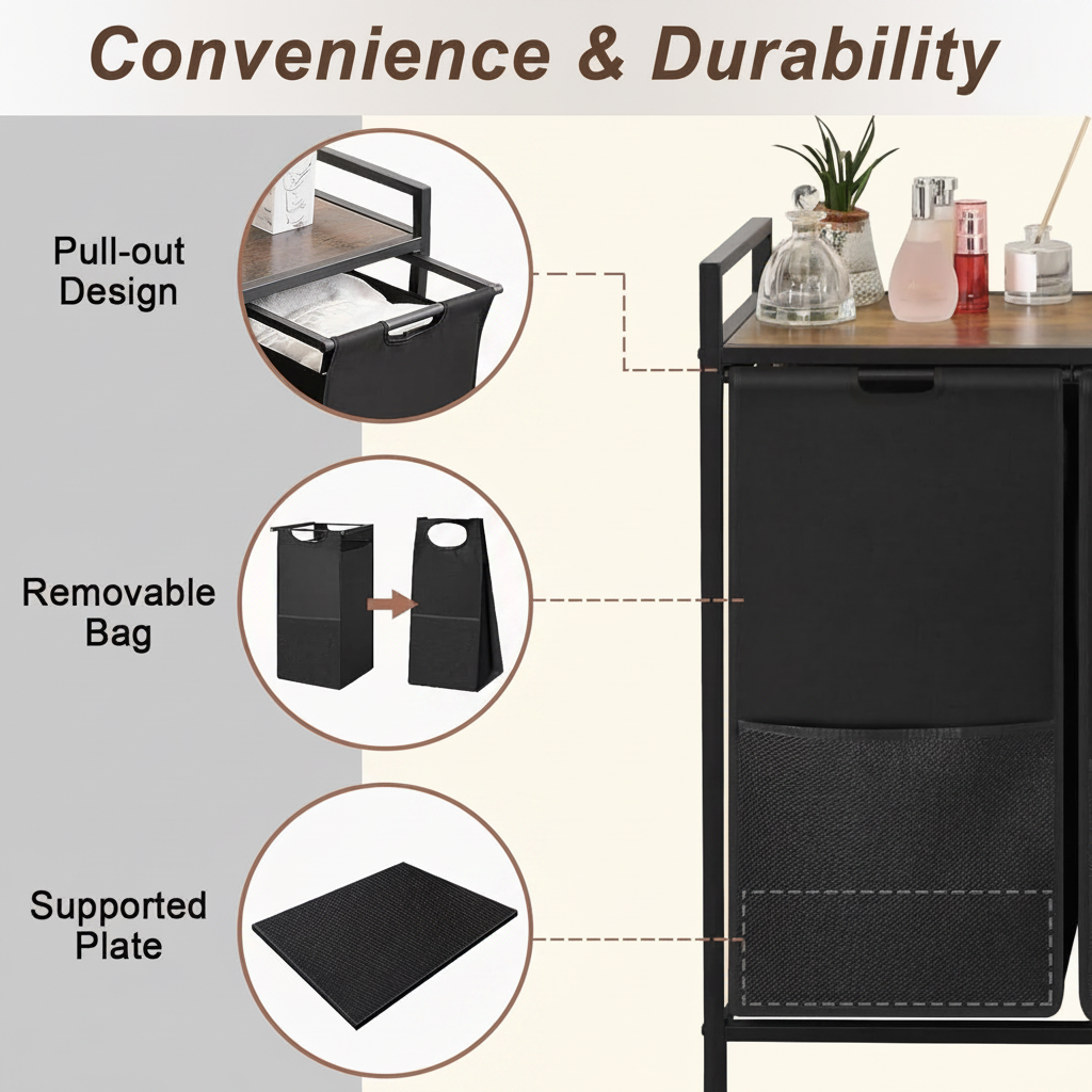 LIND 3-Section Laundry Hamper with shelf, feature detail