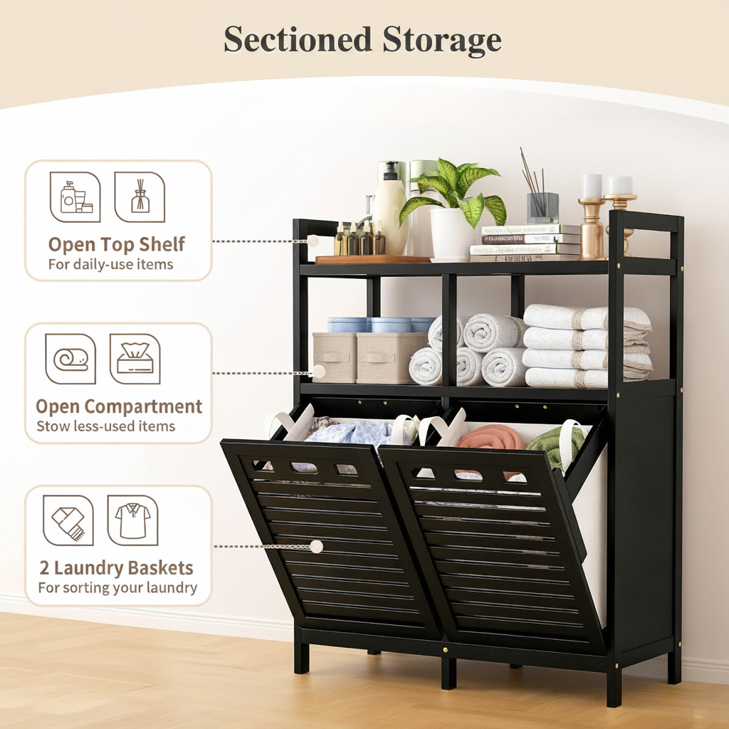 LIND Tilt-Out Bamboo Hamper Cabinet, feature callouts