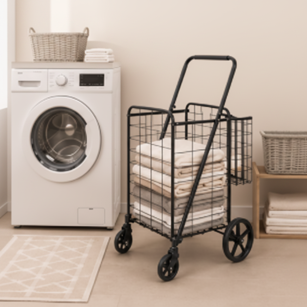 LIND Folding Utility Cart, double basket, in a laundry room