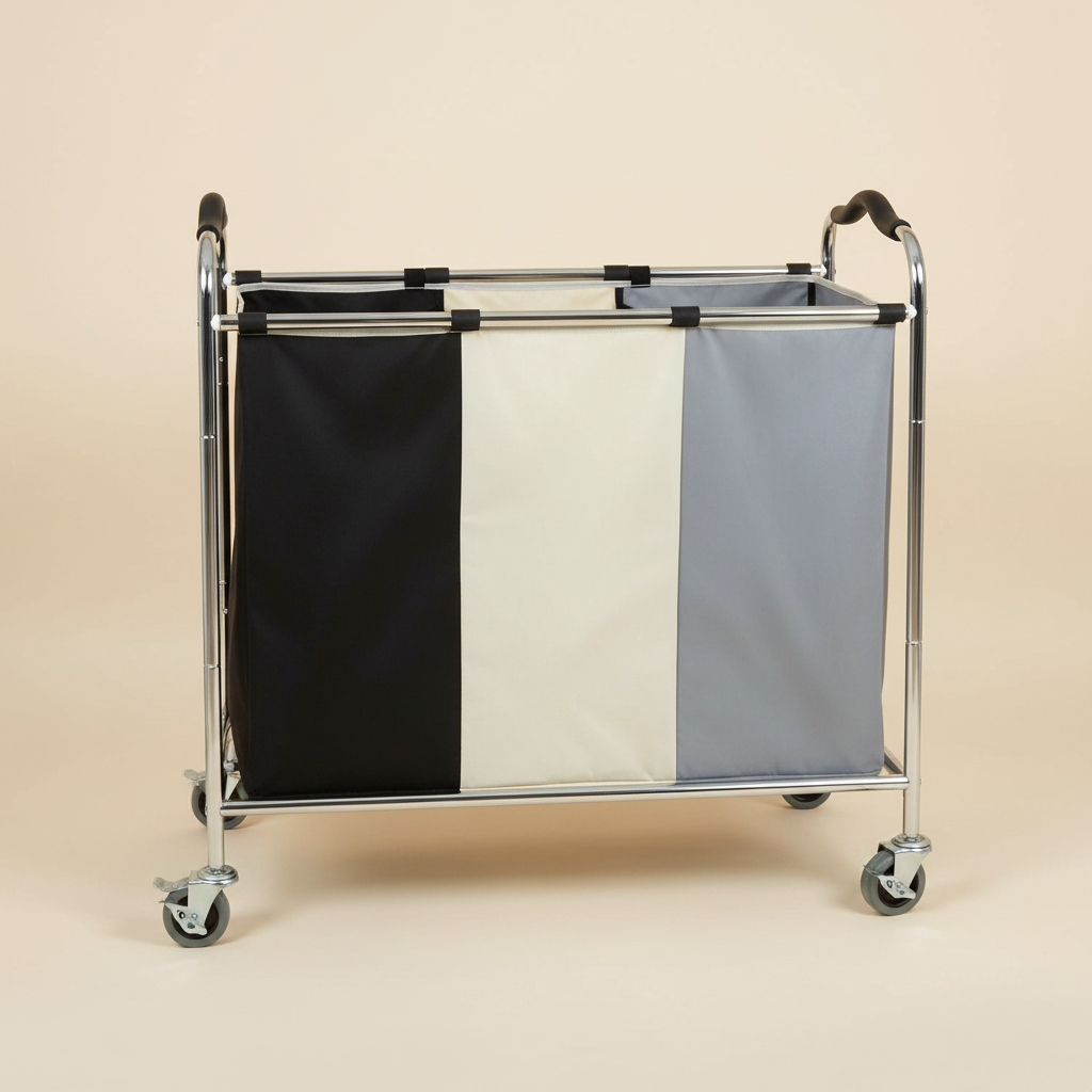 LIND Large 3-Section Rolling Laundry Sorter, front view