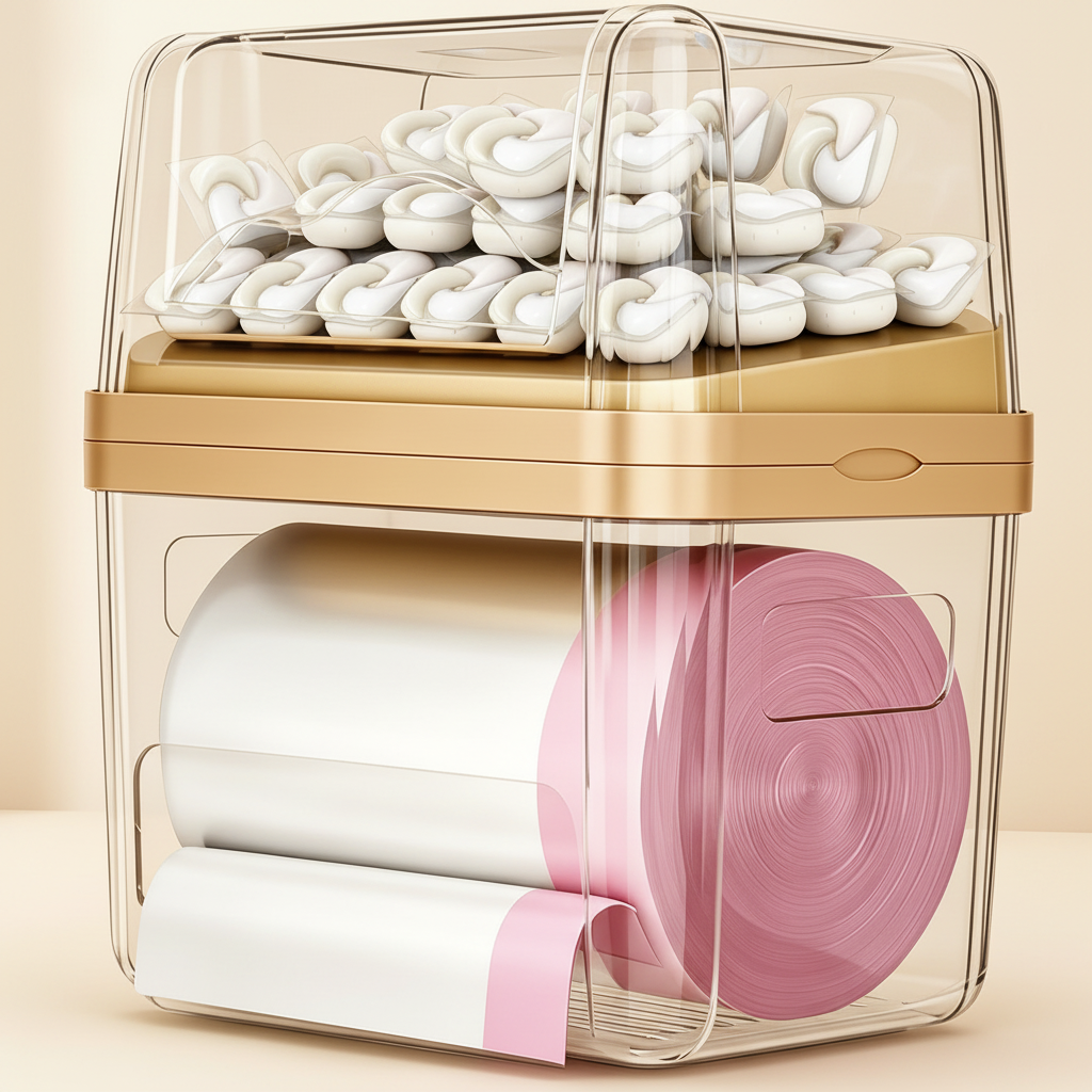 LIND clear acrylic 3-in-1 laundry pod, accessory and trash bag dispenser