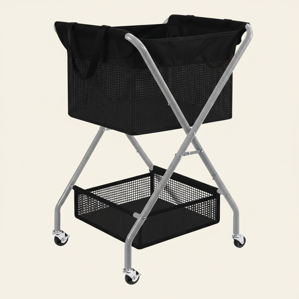 LIND 2-tier foldable laundry cart with 75L removable bag and rolling steel frame