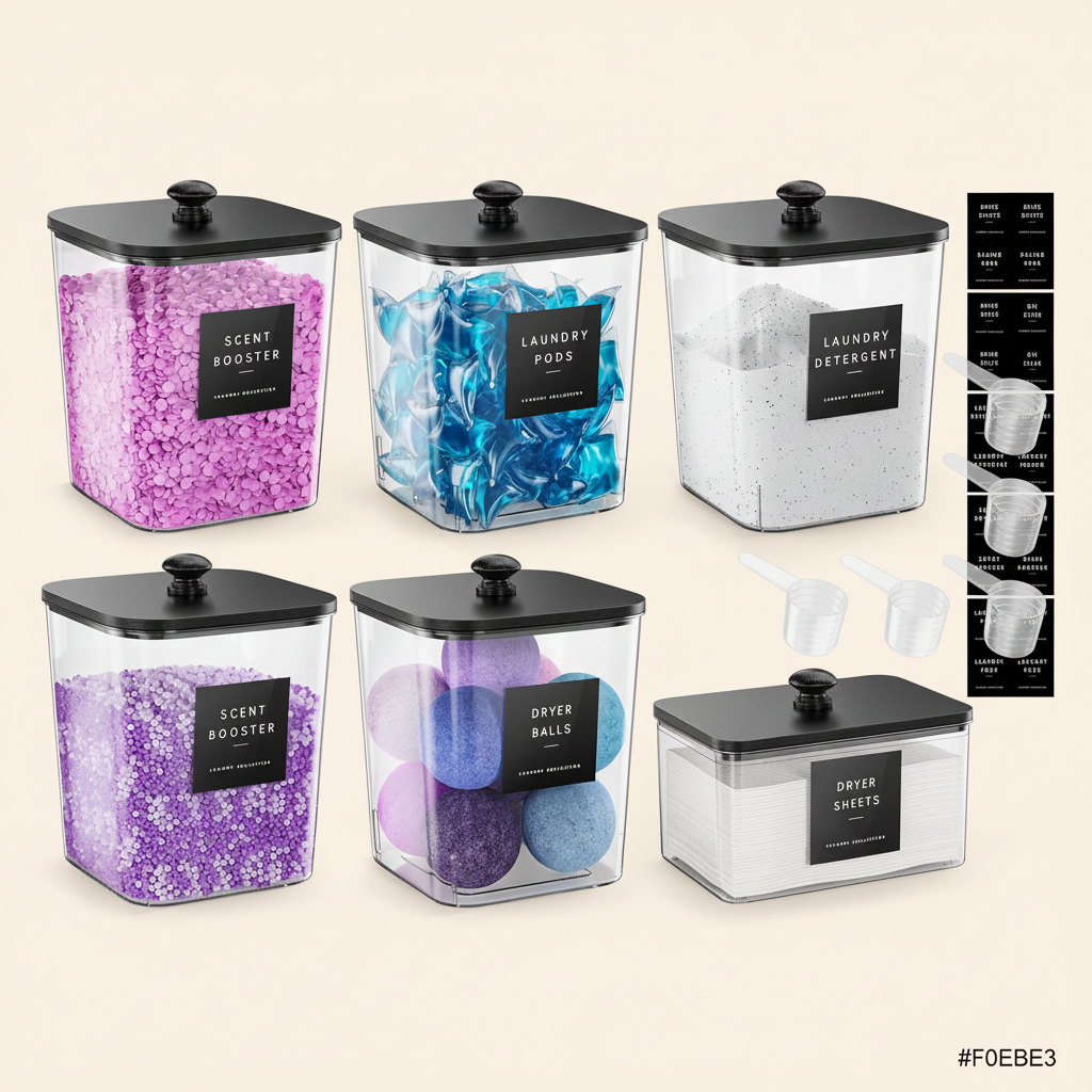 LIND Laundry Pod Jars with black lids, set of 6, product view