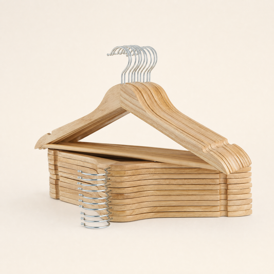 LIND Wooden Hangers for a calm laundry room setup.