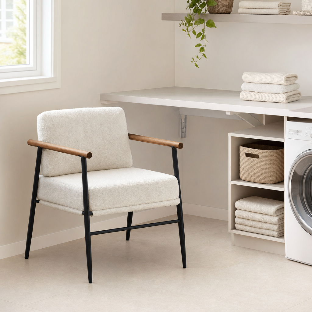 LIND Fold Chair lifestyle image for a calm laundry room setup.
